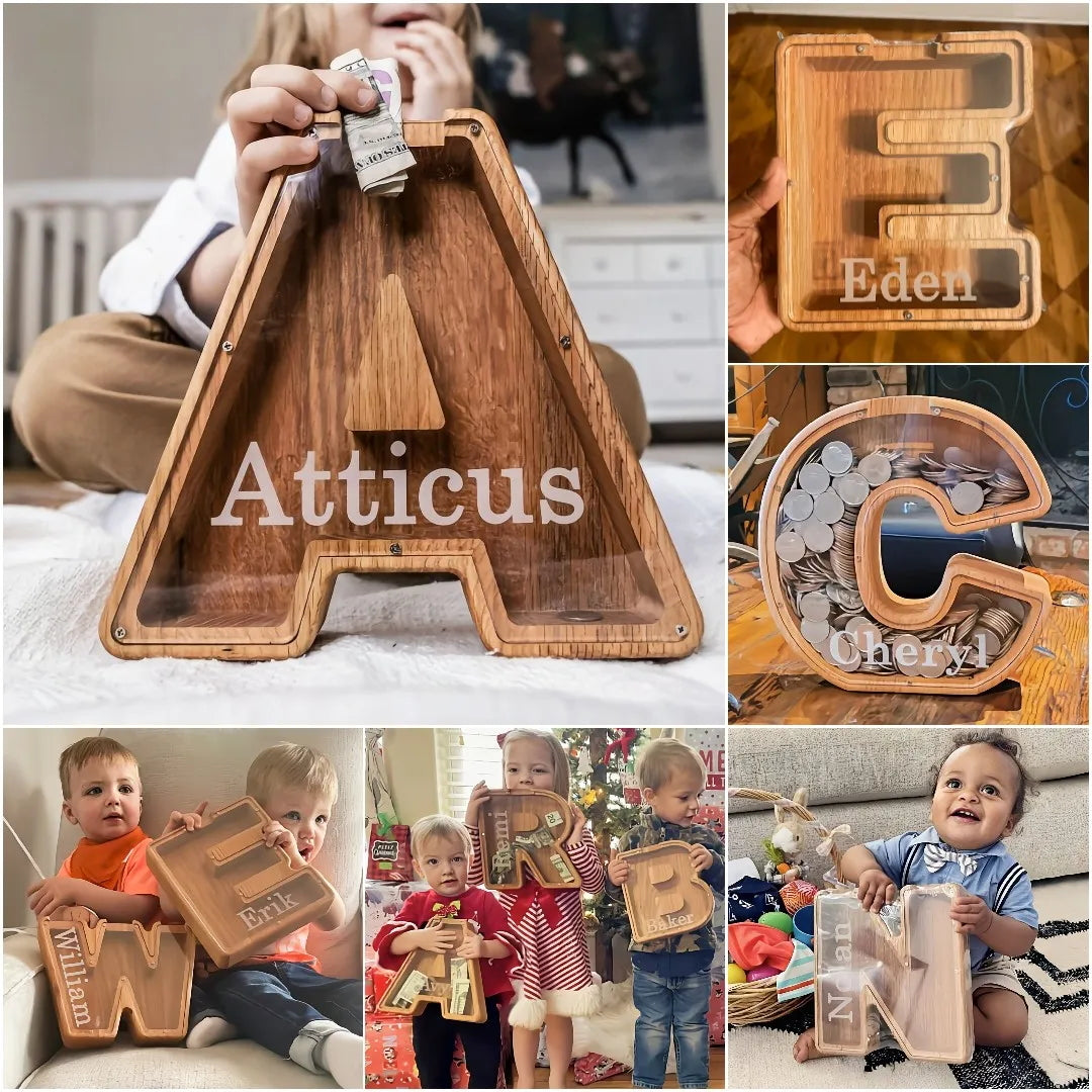Personalized Wooden Letter Piggy Bank - Custom Name Money Box Gift