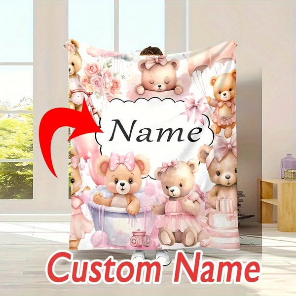 Personalized Name Design, Soft & Warm Cartoon Bear Print Blanket