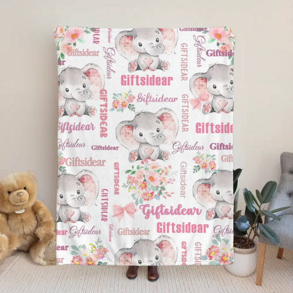 Personalized Cute Pink Blue Floral Elephant Blanket