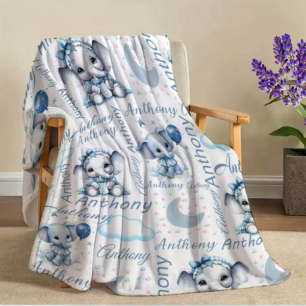 Custom Your Name Blanket, Cute Elephant Print Text Blanket