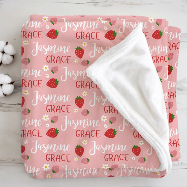 Personalized Strawberry Blanket, Custom Baby Name Blanket