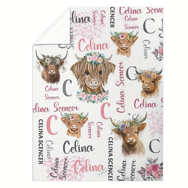 Personalized Highland Cow Print Flannel Blanket