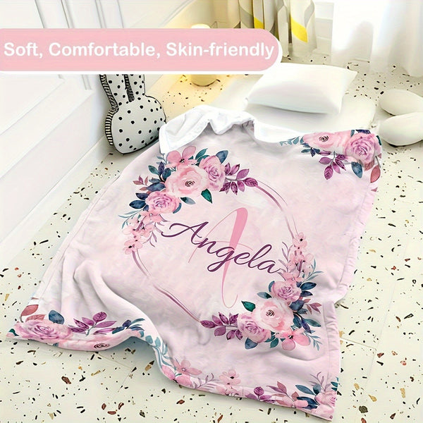 Personalized Pink Floral Name Blanket - Flannel Throw with Custom Monogram