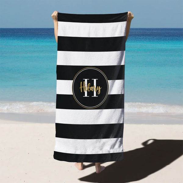 Retro Stripe Style Custom Name Beach Towel, Personalized Name Bath Towel Pool Towel