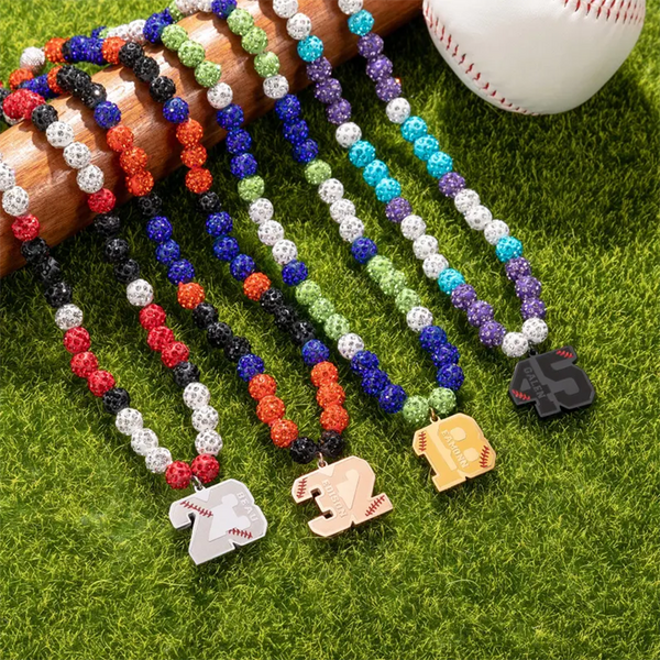 Personalized Magnetic Sparkle Rhinestone Disco Ball Baseball Sports Name Beaded Necklace