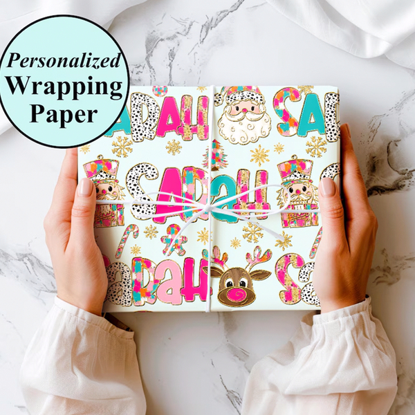 Personalized Wrapping Paper Pink Christmas Gift Wrap with Name Custom