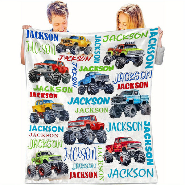 Personalized Monster Truck Throw Blanket - Custom Name Flannel Fleece