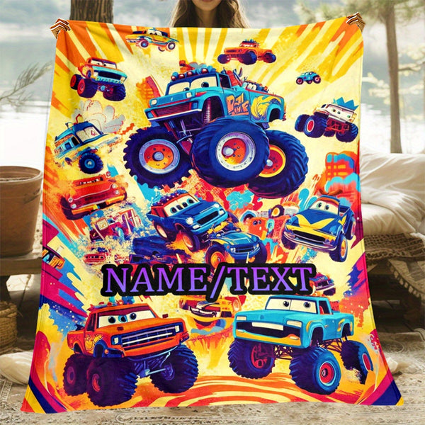 Personalized Cartoon Truck Flannel Throw Blanket - Custom Name