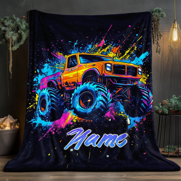 Personalized Monster Truck Flannel Blanket – Custom Name Ink Splitter Design