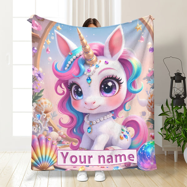 Personalized Unicorn Flannel Blanket - Custom Name, Sparkling Rainbow Design