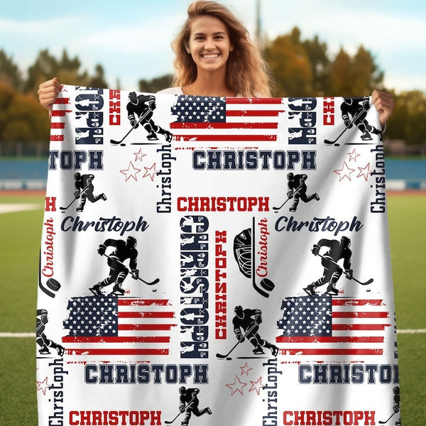 Personalized Hockey Boy US Flag Blanket Custom Name Patriotic Hockey Throw