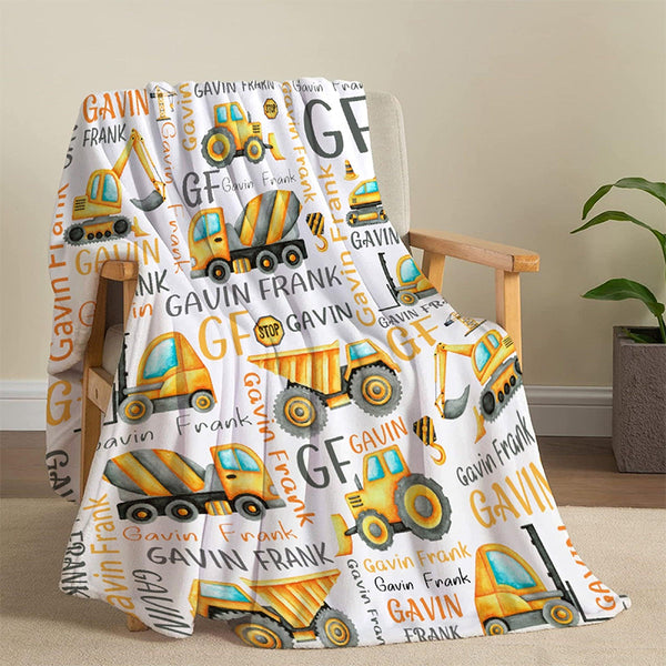 Custom Name Construction Truck Theme Throw Blanket
