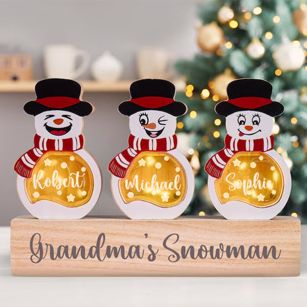 Custom Family Christmas Decoration, Personalized Snowman Figurine Set with LED Lights
