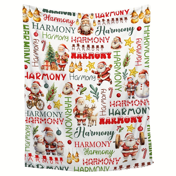 Christmas Santa and Reindeer Personalized Name Lightweight Flannel Throw Blanket