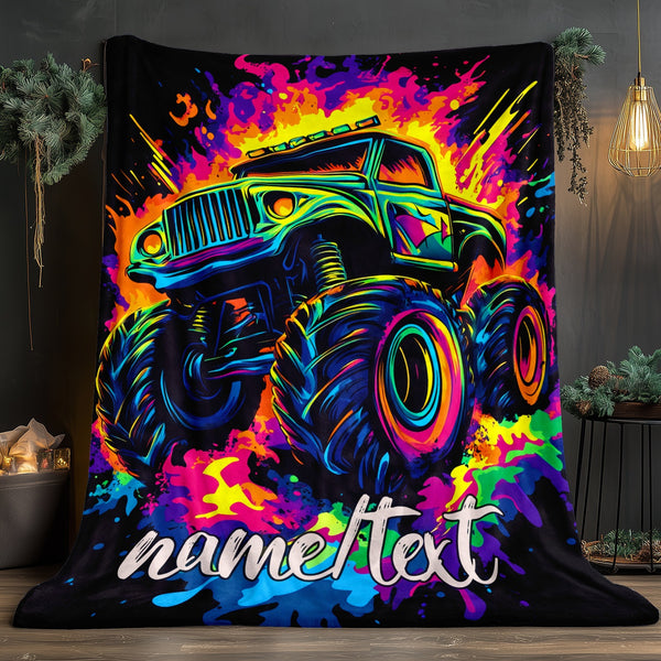 Glam Style Custom Name Monster Truck Flannel Throw Blanket