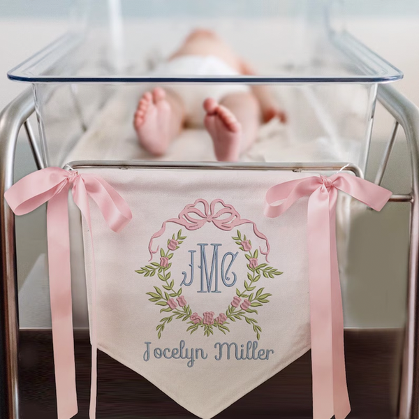 Personalized Baby Banner, Floral Crest Welcome Banner with bows