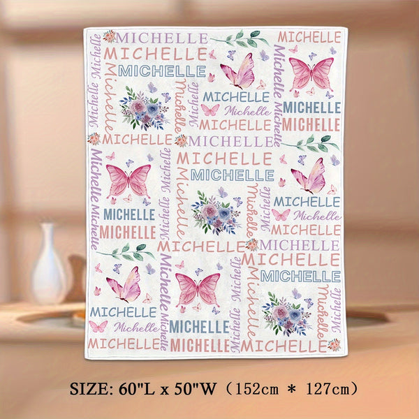 Customized Flannel Blankets with Names, Flower Butterfly Patterned Blankets