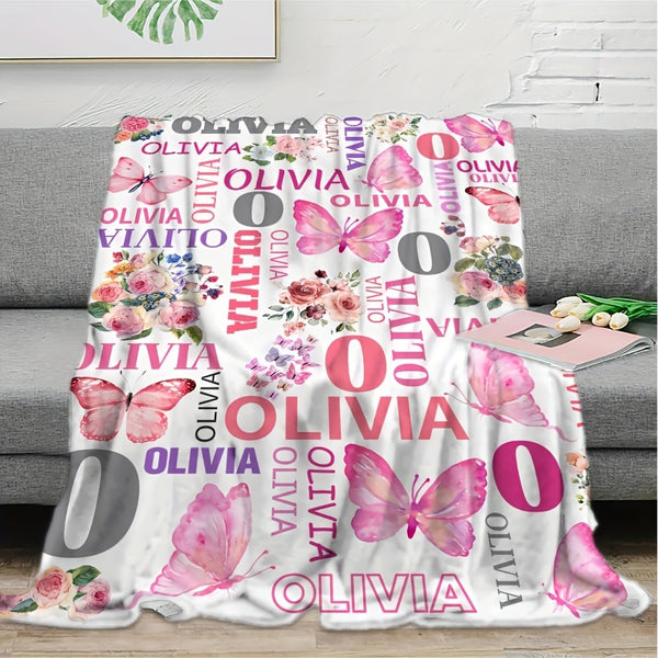 Customizable  Pink Floral & Butterfly Plush Throw Blanket