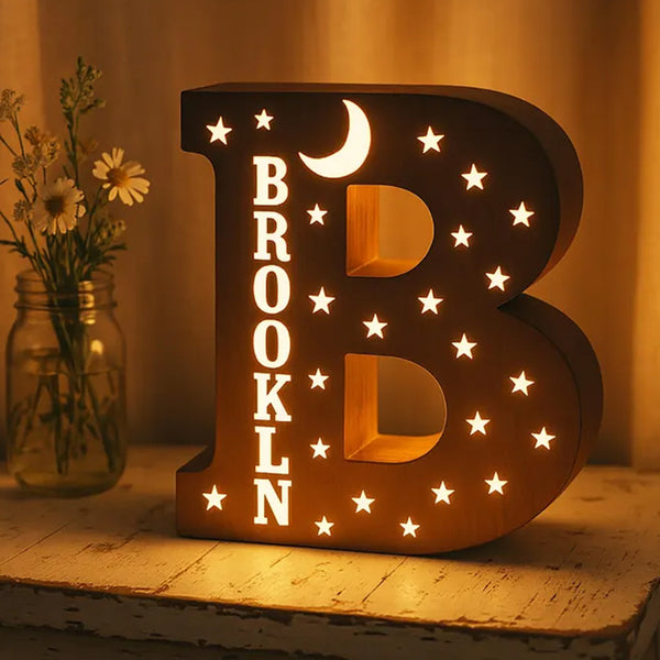 Personalized Wooden Night Light: Custom Name Initial LED Nursery Lamp