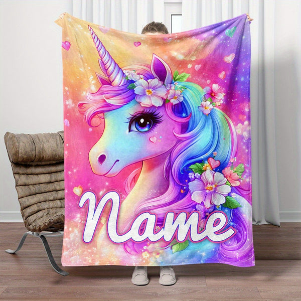 Custom Name Beautiful Dazzling Flower Unicorn Print Portable Blanket