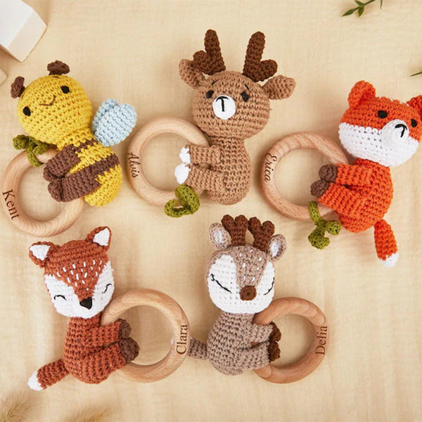 Personalized Crochet Animal Baby Rattle: Engraved Zelkova Wood