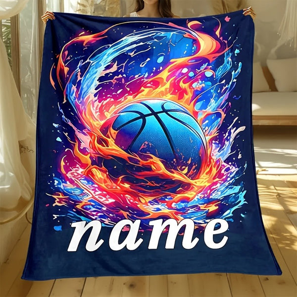 Custom Text Creative Basketball Fire and Ice Print Flannel Blanket