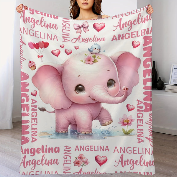 Customizable Pink Elephant Flannel Throw Blanket with Name