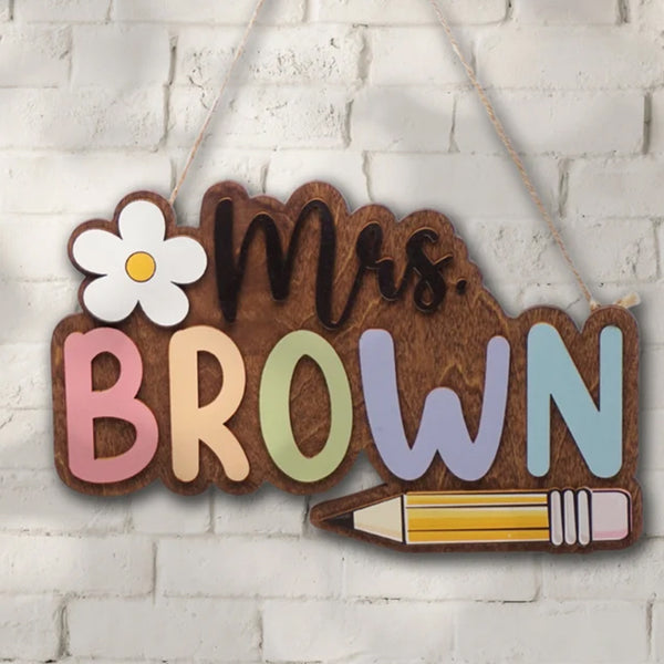 Custom 3D Teacher Door Sign, Personalised Name with Pencil Teacher Sign