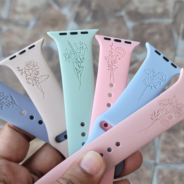 Birthday Flower, Birth Month Floral Wildflower Silicone Band Laser Engraved