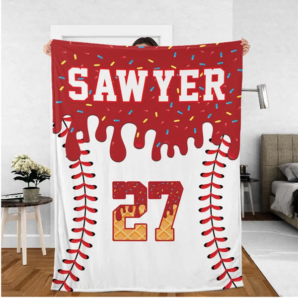 Personalized Baseball Blanket: Ice Cream Drip Design, Custom Name