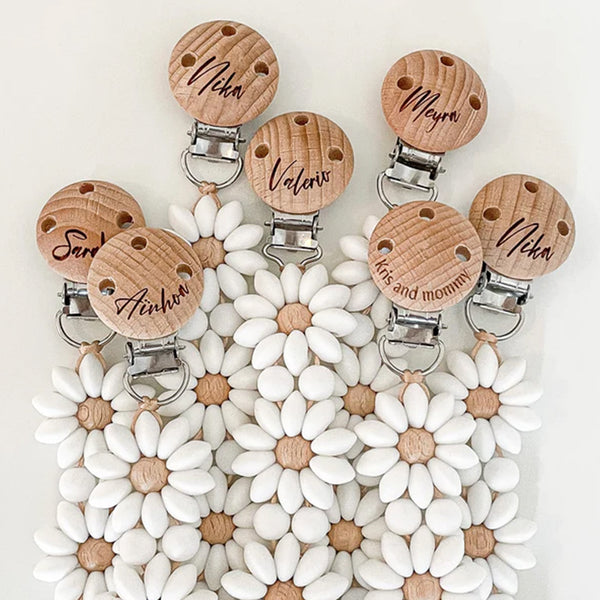 Personalized Flower Beaded Pacifier Clip Wooden Engraving