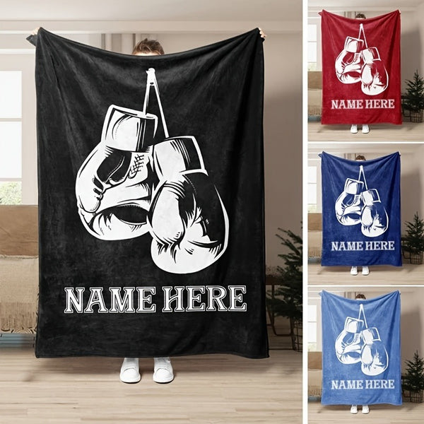 Customizable Boxing Gloves Design Throw Blanket, Personalized Name Gift