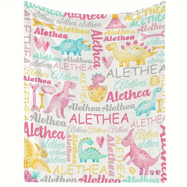 Custom Name Cartoon Dinosaur Flannel Blanket