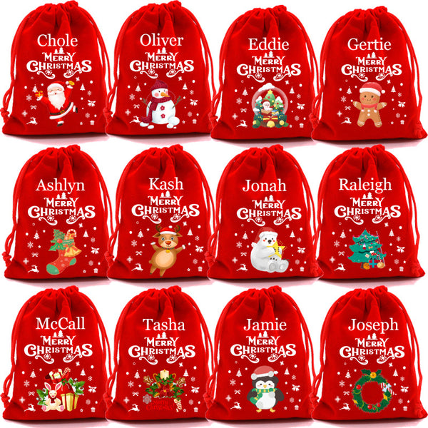 10/20pcs Christmas Drawstring Velvet Bags Red Candy Biscuits Pouch Personalization name