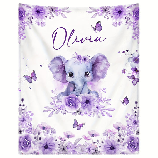 Personalized Purple Elephant Flannel Blanket with Custom Name