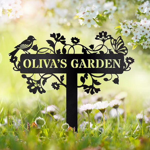 Custom Metal Garden Decor, Bird with Flower Garden Sign