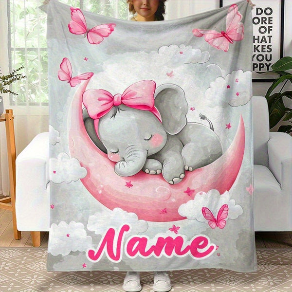 Custom Name Cute Elephant on the Moon Printed Portable Blanket