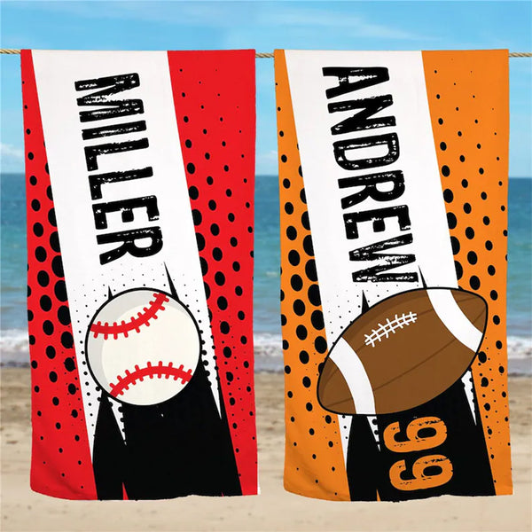 Sports Ball Personalized Beach Towel, name and number sports towel