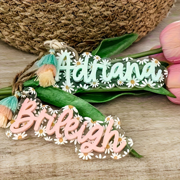 Personalized Floral Keychain for Women - Custom Name in Pastel Pink, Mint, Green, Lavender