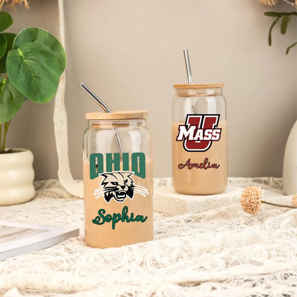 Custom University Logo 16oz Glass, College Iced Coffee Glass