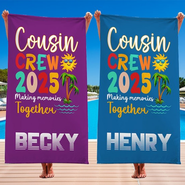 Custom Cousin Crew Beach Towel, Matching Cousin Trip Gift