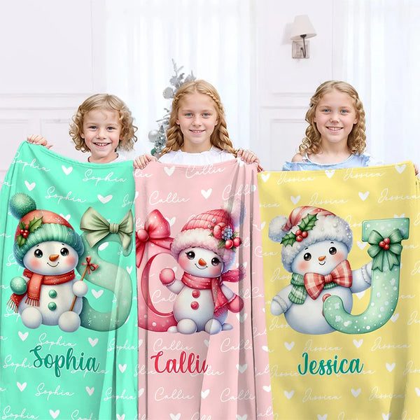 Personalized Santa Hat Snowman Initial Blanket