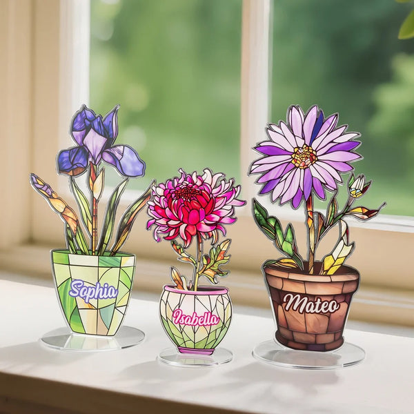 Personalized Faux Stained Glass Birth Flower Pot Acrylic Plaque