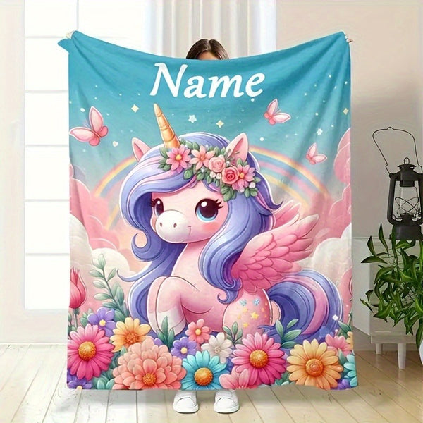 Creative Cartoon Unicorn Butterfly Floral Pattern Text Custom Flannel Print Blanket