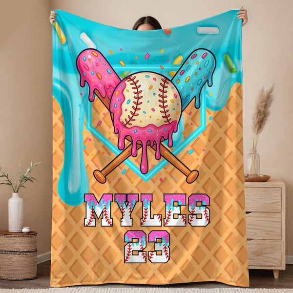 Custom Baseball Drip Blanket, Personalized Ice Cream Drip Baseball Blanket