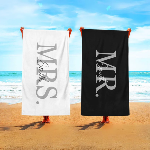 Mr & Mrs Beach Towel, Custom Name Beach Towel, Honeymoon Gift
