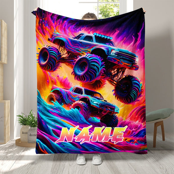 Custom Name Monster Truck Flannel Blanket - Vibrant Oil Painting Design