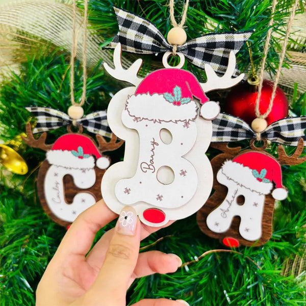 Personalized Reindeer Letter Ornament with Santa Hat