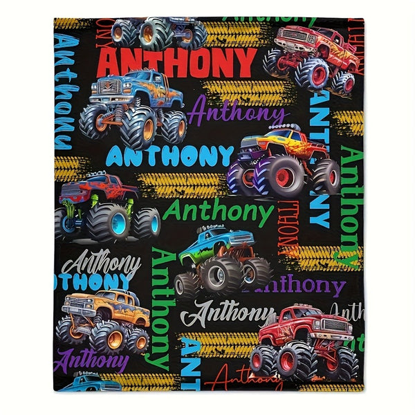Custom Name Anthony Monster Truck Flannel Throw Blanket