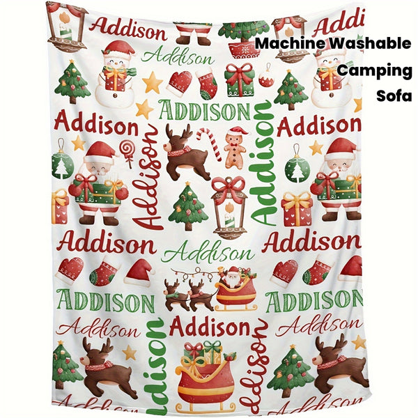 Christmas Santa and Reindeer Flannel Blanket - Personalized Name Lightweight Fleece Throw